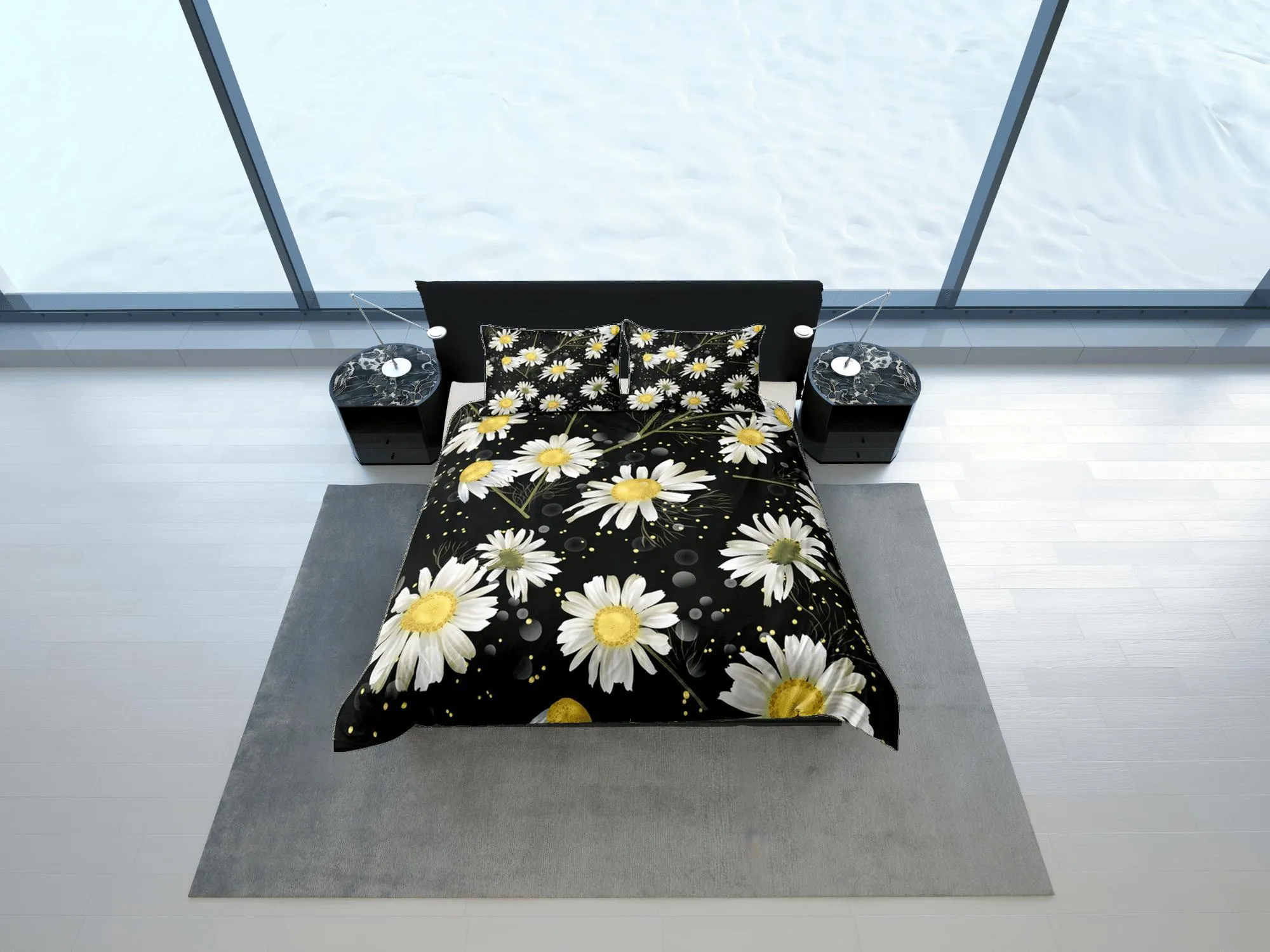 White Daisy Black Duvet Cover Set, Floral Print Bedspread Dorm Bedding Set