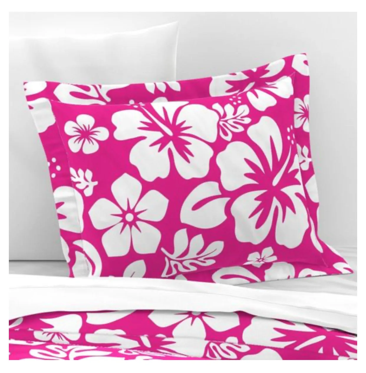 White Hawaiian Hibiscus Flowers on Hot Pink Pillow Sham