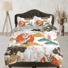 White oriental bedding with floral prints, pagoda, crane bird design, Asian duvet cover set with cherry blossom, Japanese bedding