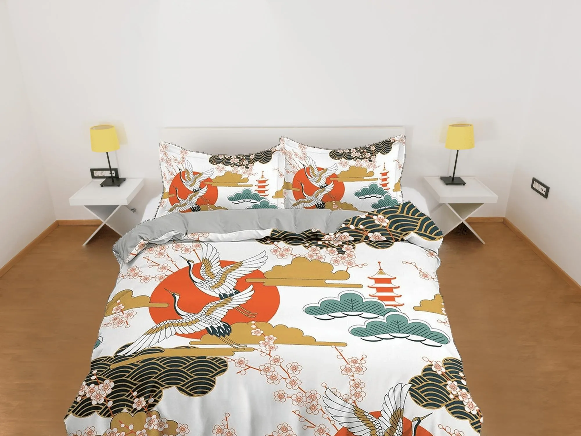 White oriental bedding with floral prints, pagoda, crane bird design, Asian duvet cover set with cherry blossom, Japanese bedding