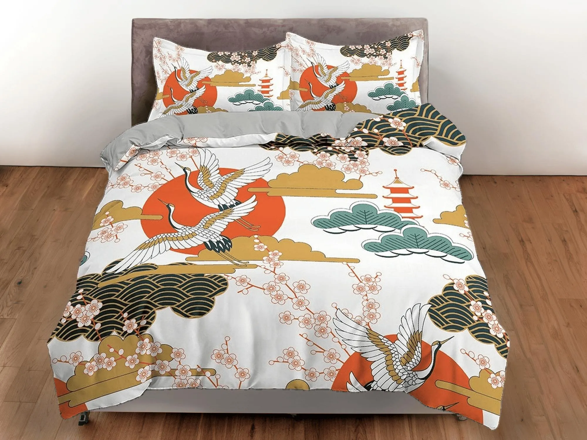 White oriental bedding with floral prints, pagoda, crane bird design, Asian duvet cover set with cherry blossom, Japanese bedding