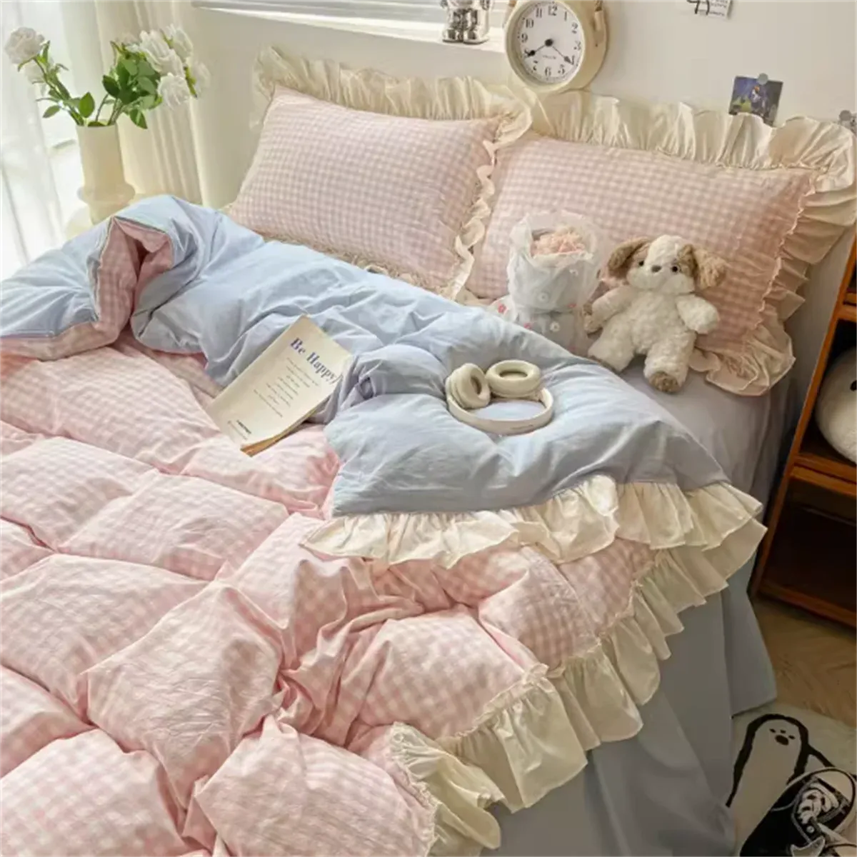 Yeknu Ins Princess Style Bedding Sets Ruffle Lace Bow Quilt Cover Romantic Bedclothes Decor Woman Girls Bedroom Duvet Cover 4pcs